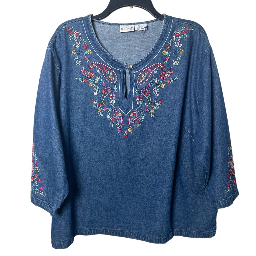Vintage Two Twenty Women’s Boho Embroidered Denim Tunic Top Blue Cotton XL/XXL